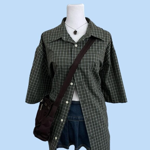 vintage 90s green plaid indie skater button down - Picture 1 of 7